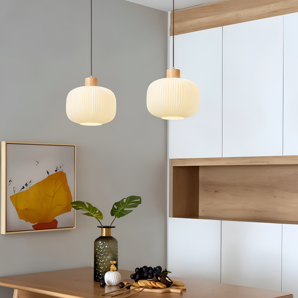 AkariLuxe Pendelleuchte - Elegante Japanische Milky Weiß Gerippte Glas Hängelampe