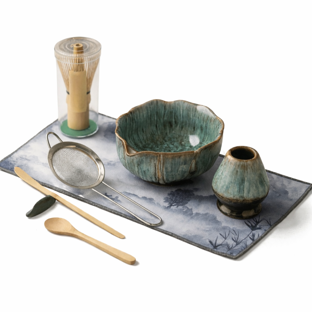 Artisan Matcha Set 8-teilig – Handgefertigte Keramik Schale (550ml), Bambusbesen & Sieb – Japanische Teezeremonie Geschenkset