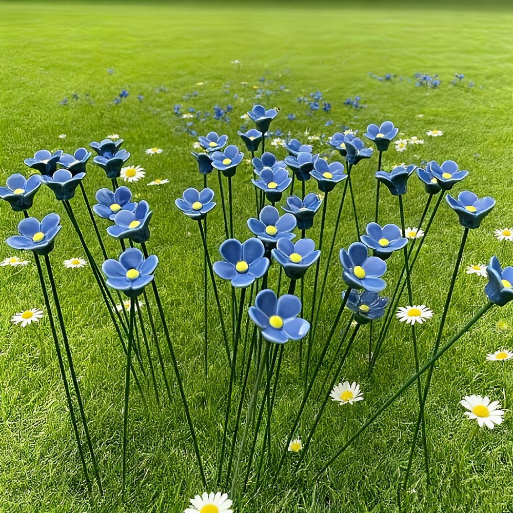 Artisan Keramik-Blumen Vergissmeinnicht Blau (11 Stück) - Wetterfeste Blumendeko für Innen & Außen - 37cm