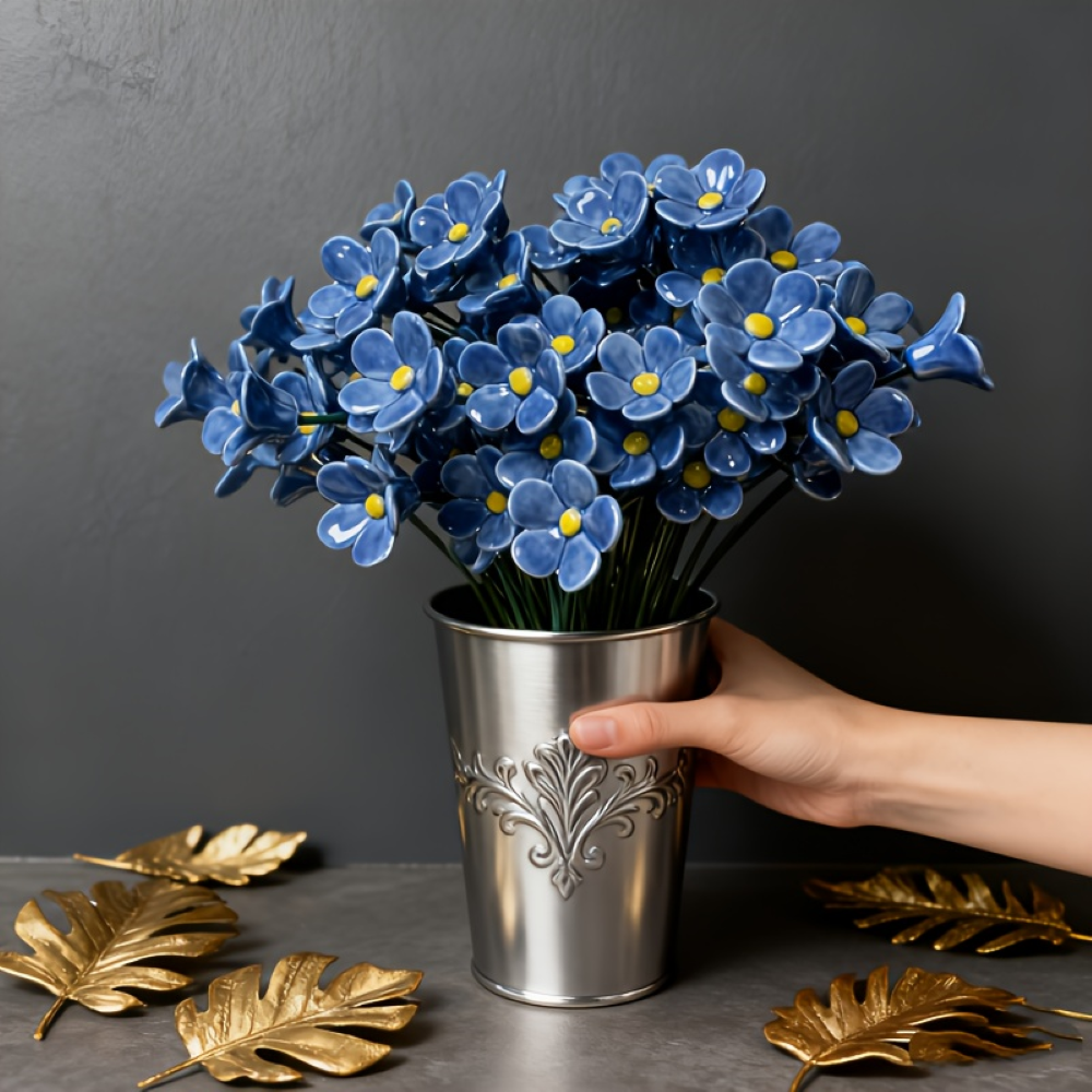 Artisan Keramik-Blumen Vergissmeinnicht Blau (11 Stück) - Wetterfeste Blumendeko für Innen & Außen - 37cm