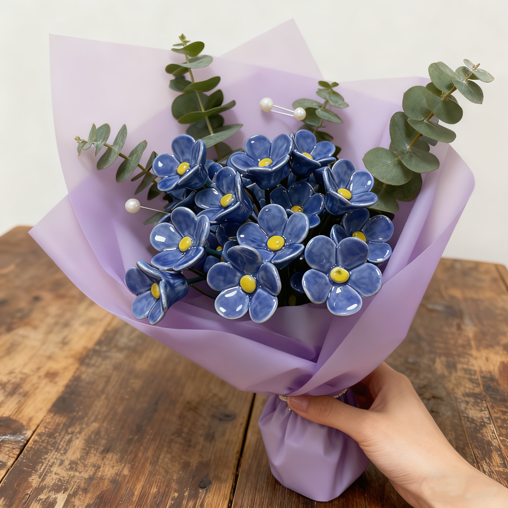Artisan Keramik-Blumen Vergissmeinnicht Blau (11 Stück) - Wetterfeste Blumendeko für Innen & Außen - 37cm