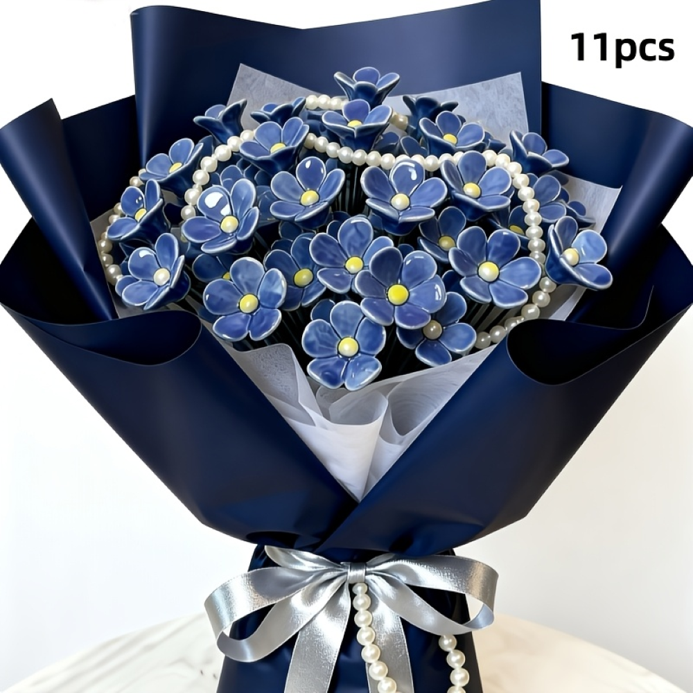Artisan Keramik-Blumen Vergissmeinnicht Blau (11 Stück) - Wetterfeste Blumendeko für Innen & Außen - 37cm