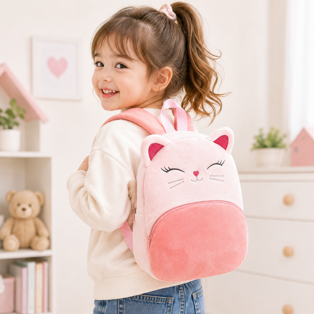 Weicher Katzen-Rucksack 31 × 24,5 × 12 cm – Plüschiger Kindergartenrucksack aus Polyester mit verstellbaren Trägern