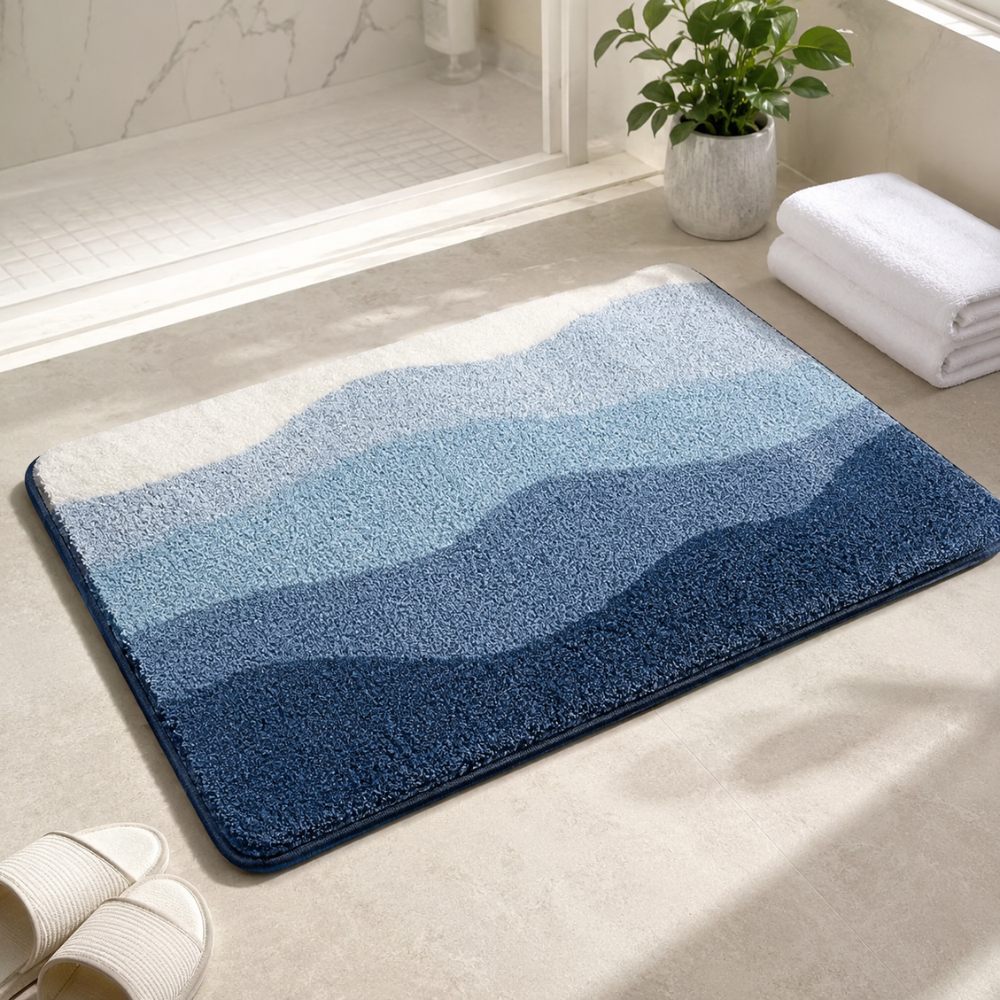 Badezimmerteppich Rutschfest & Saugstark – Extra Weiche Badematte im Berglandschaft Design für Dusche, Badewanne & Waschbecken