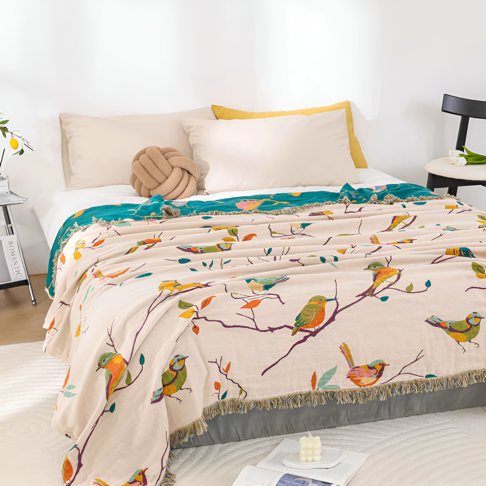 Bina Boho Wolldecke | 100% Baumwolle, Charmantes Vogeldesign für Sofa 1