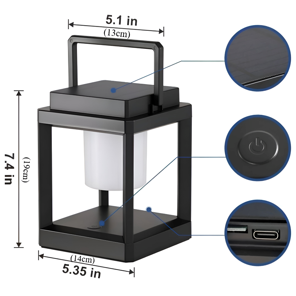 BlackQuad Laterne - Solar & USB Wiederaufladbare Gartenbeleuchtung - Tragbare Solarlampe Garten