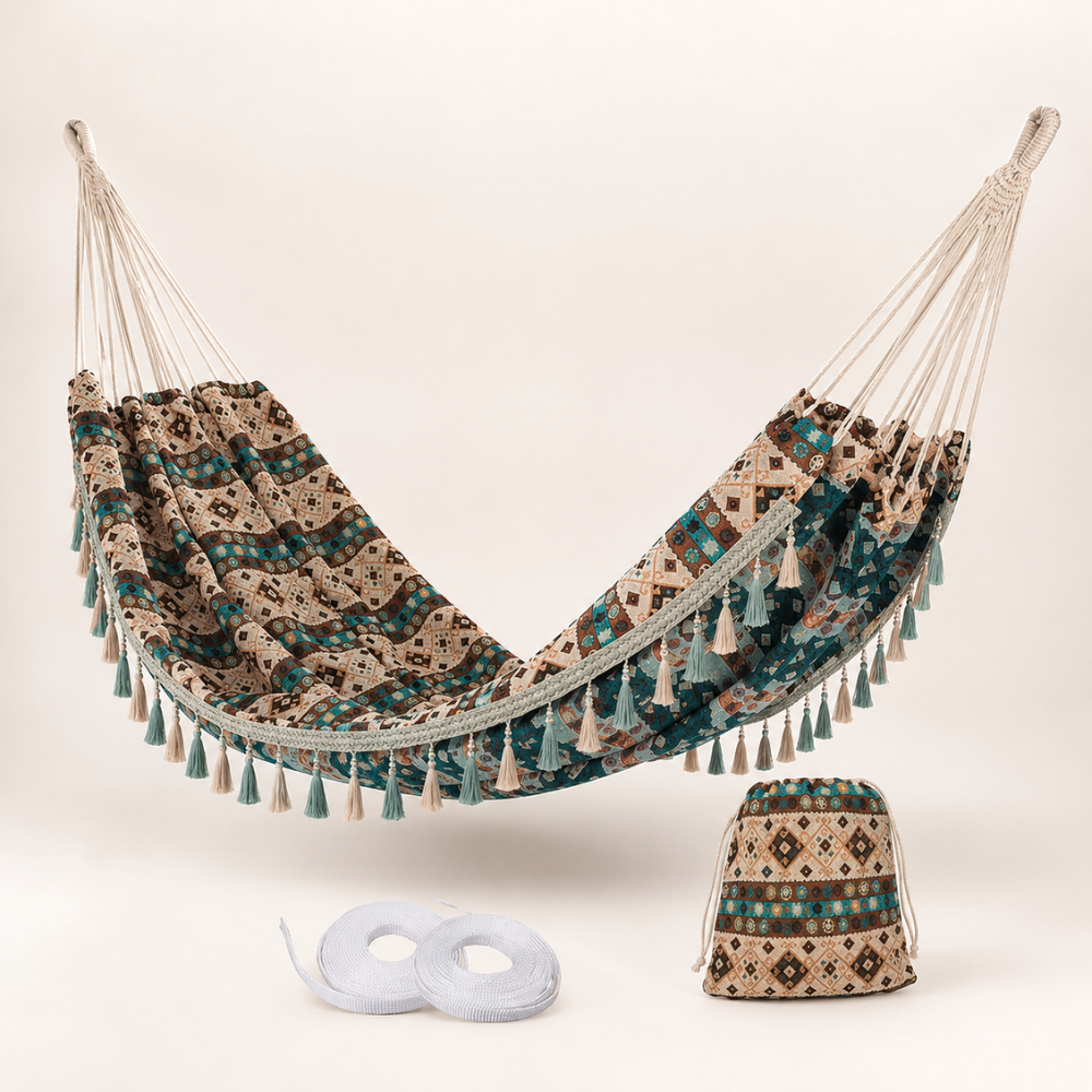 Boho Doppel Hängematte mit Quasten – Outdoor Hängematte mit Tragetasche & Befestigungsseilen für Garten, Balkon & Camping