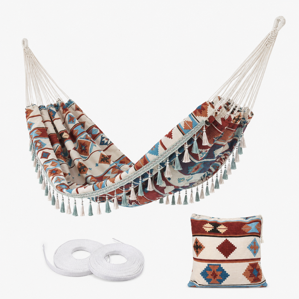 Boho Doppel Hängematte mit Quasten – Outdoor Hängematte mit Tragetasche & Befestigungsseilen für Garten, Balkon & Camping