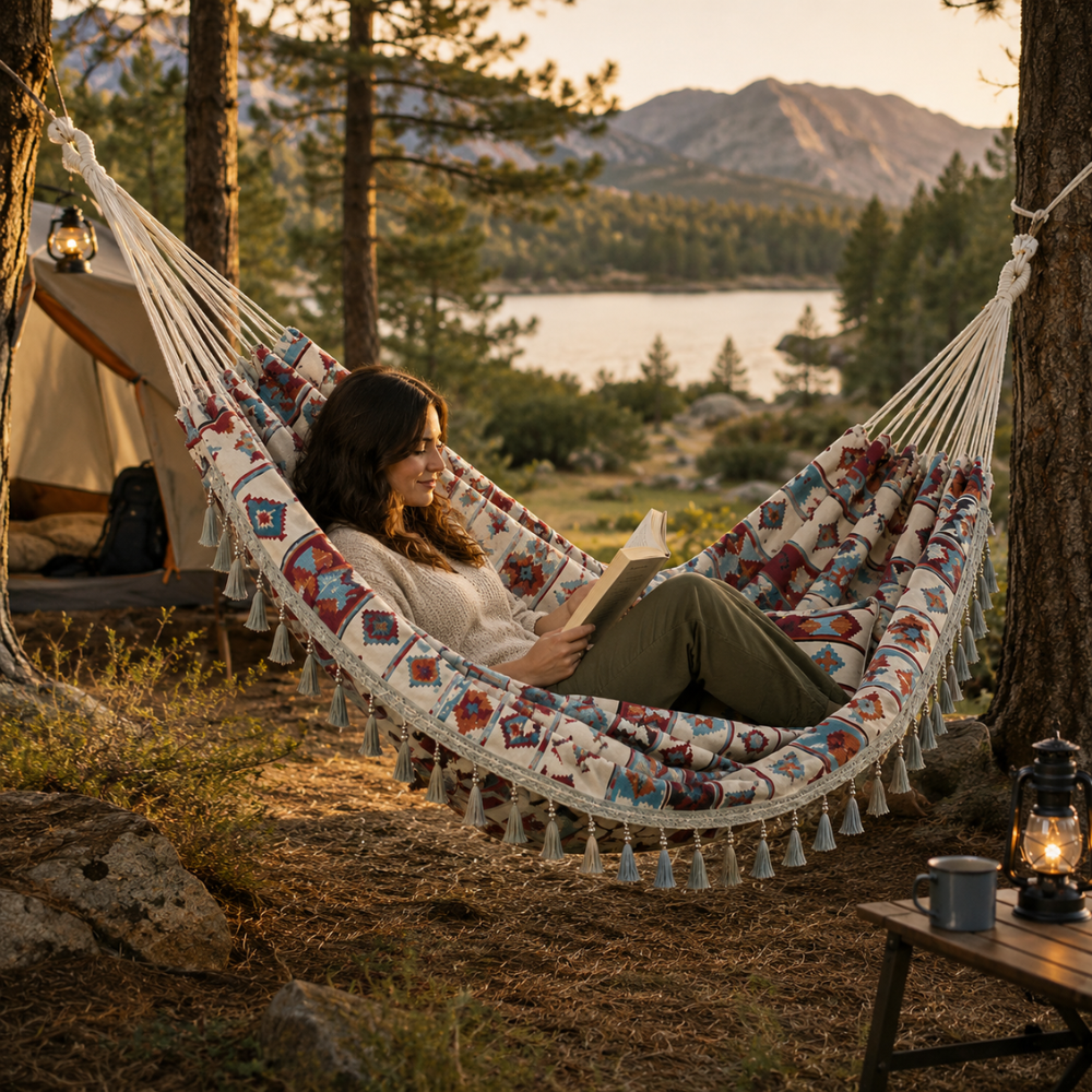 Boho Doppel Hängematte mit Quasten – Outdoor Hängematte mit Tragetasche & Befestigungsseilen für Garten, Balkon & Camping