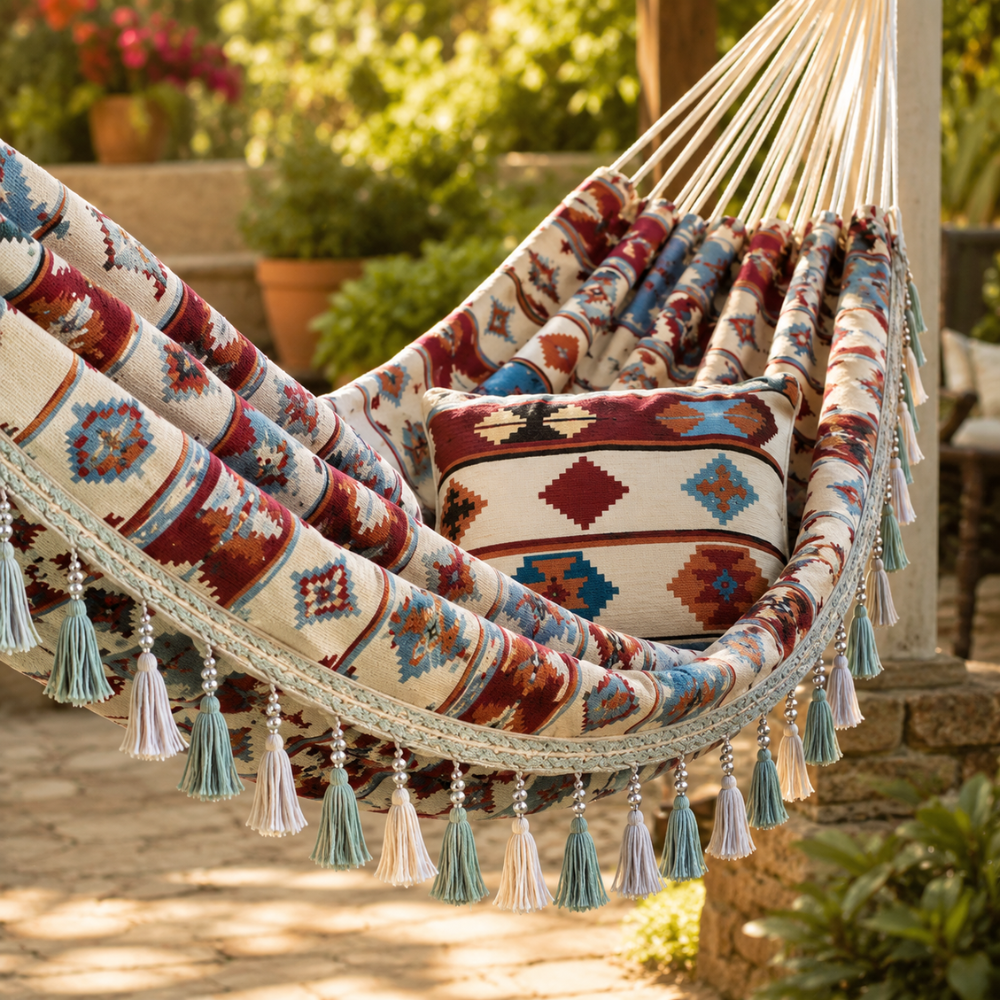 Boho Doppel Hängematte mit Quasten – Outdoor Hängematte mit Tragetasche & Befestigungsseilen für Garten, Balkon & Camping