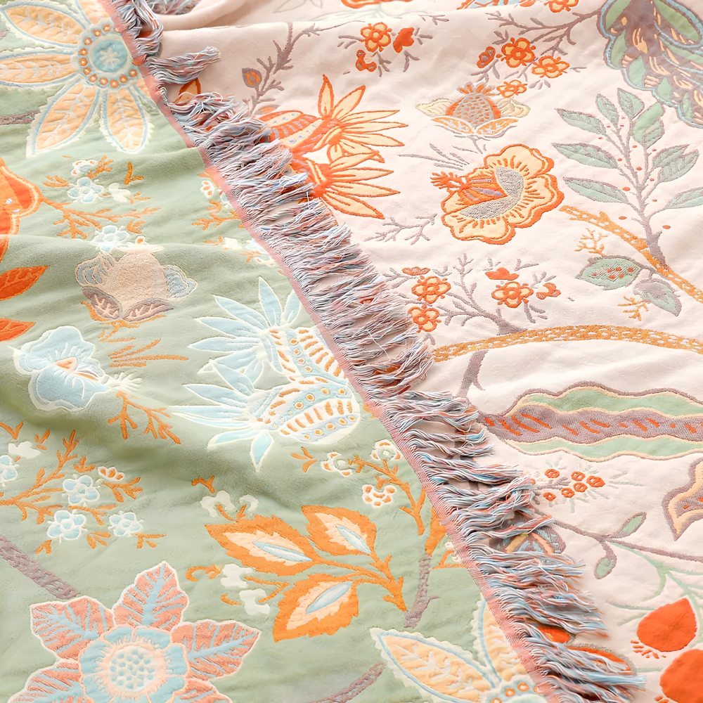 Boho Jacquard Baumwolldecke mit Fransen – Sofadecke, Tagesdecke & Bettüberwurf mit floralem Muster