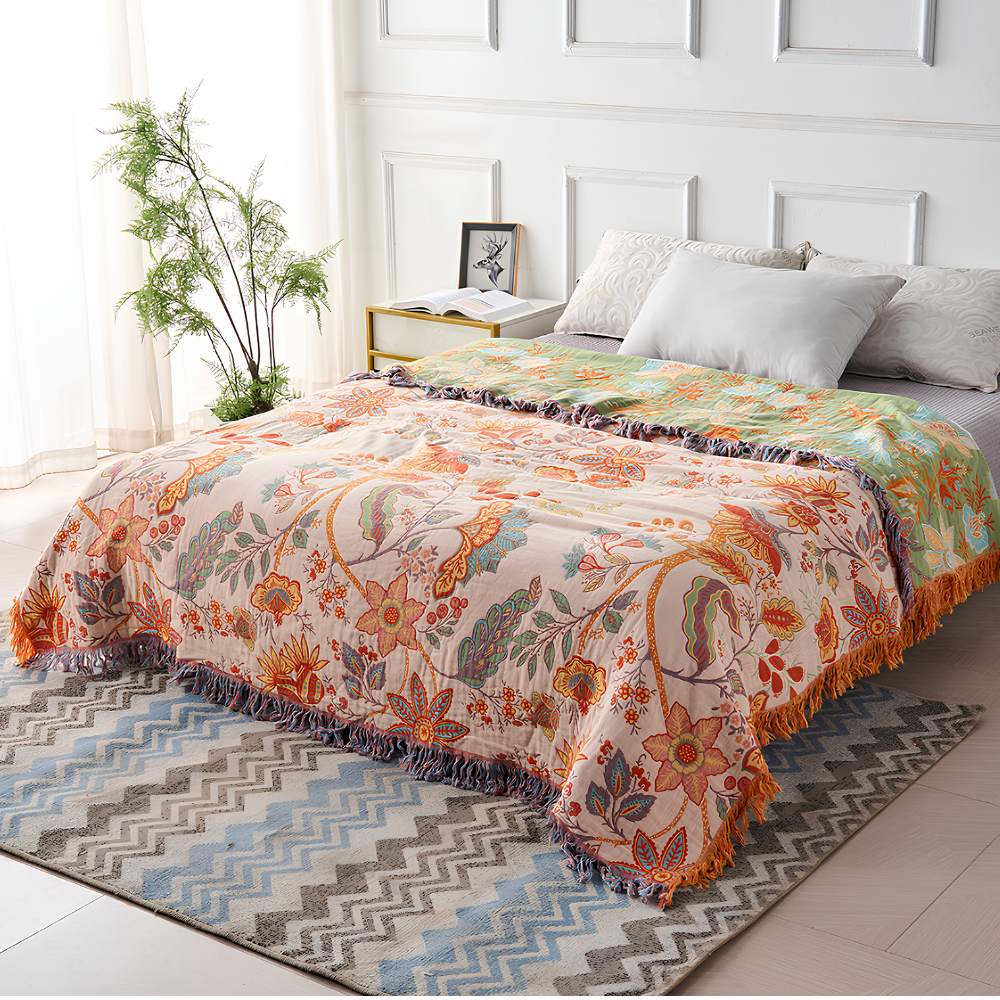 Boho Jacquard Baumwolldecke mit Fransen – Sofadecke, Tagesdecke & Bettüberwurf mit floralem Muster