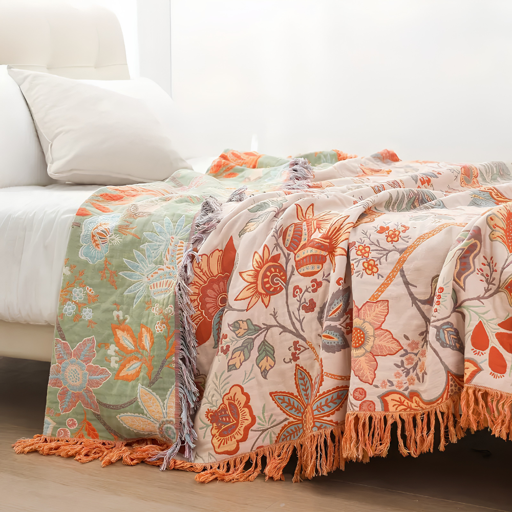 Boho Jacquard Baumwolldecke mit Fransen – Sofadecke, Tagesdecke & Bettüberwurf mit floralem Muster