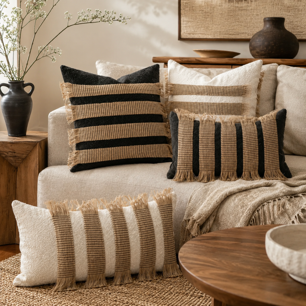 Boho Kissenbezug aus Mikrofasermischung – Dekorativer Sofakissenbezug mit Fransen & Streifendesign für Sofa, Bett & Wohnzimmer