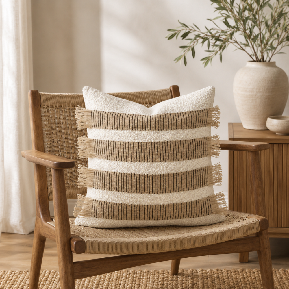 Boho Kissenbezug aus Mikrofasermischung – Dekorativer Sofakissenbezug mit Fransen & Streifendesign für Sofa, Bett & Wohnzimmer