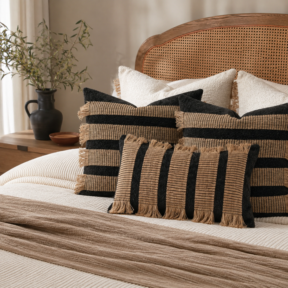 Boho Kissenbezug aus Mikrofasermischung – Dekorativer Sofakissenbezug mit Fransen & Streifendesign für Sofa, Bett & Wohnzimmer
