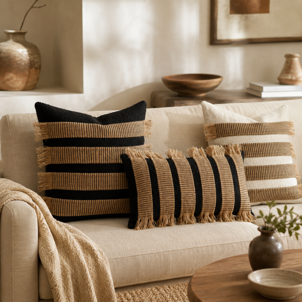 Boho Kissenbezug aus Mikrofasermischung – Dekorativer Sofakissenbezug mit Fransen & Streifendesign für Sofa, Bett & Wohnzimmer