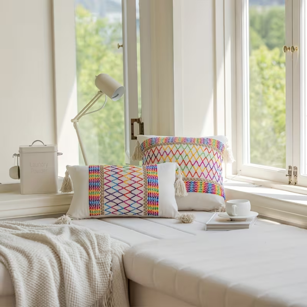 Boho Kissenbezug mit Quasten – Dekorativer Sofakissenbezug mit Stickmuster für Sofa, Bett & Wohnzimmer