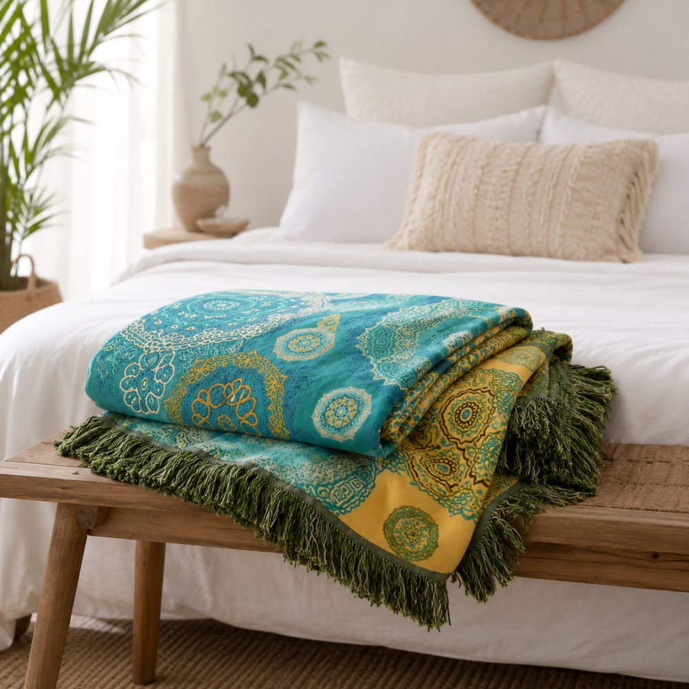 Boho Tagesdecke Türkis – 100% Baumwolle mit Mandala Muster & Fransen für Bett, Sofa & Wohnzimmer