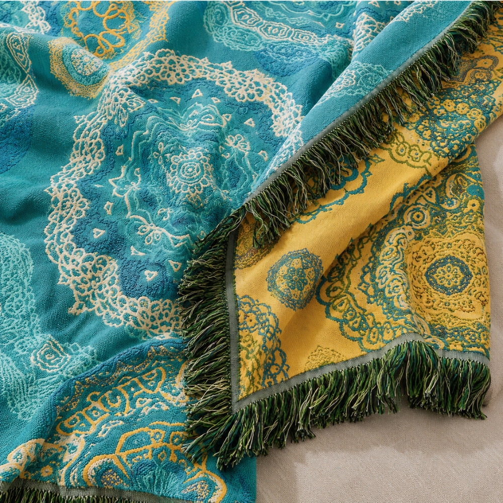 Boho Tagesdecke Türkis – 100% Baumwolle mit Mandala Muster & Fransen für Bett, Sofa & Wohnzimmer