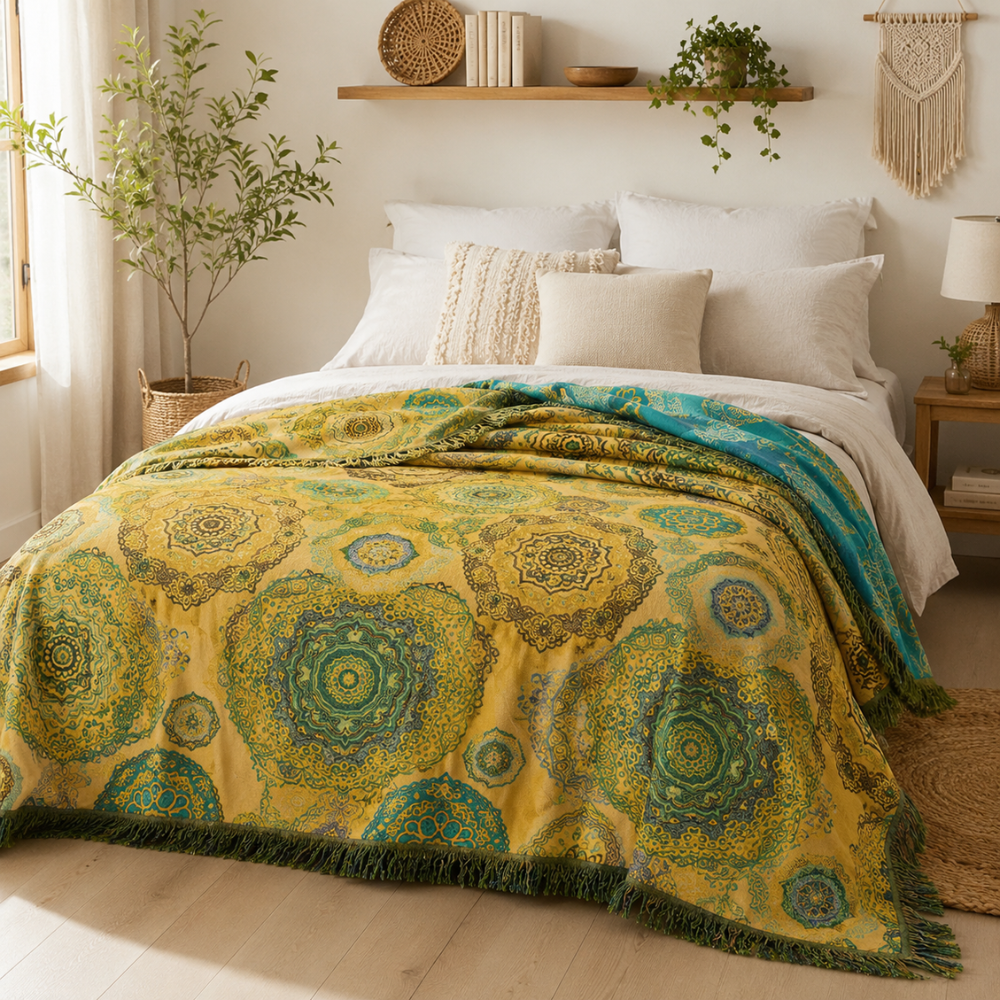 Boho Tagesdecke Türkis – 100% Baumwolle mit Mandala Muster & Fransen für Bett, Sofa & Wohnzimmer
