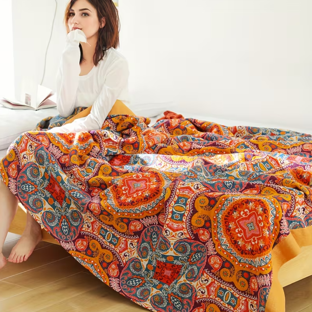 Boho Wendedecke Atmungsaktiv – Bunte Überwurfdecke mit Paisley Muster für Sofa, Bett & Wohnzimmer
