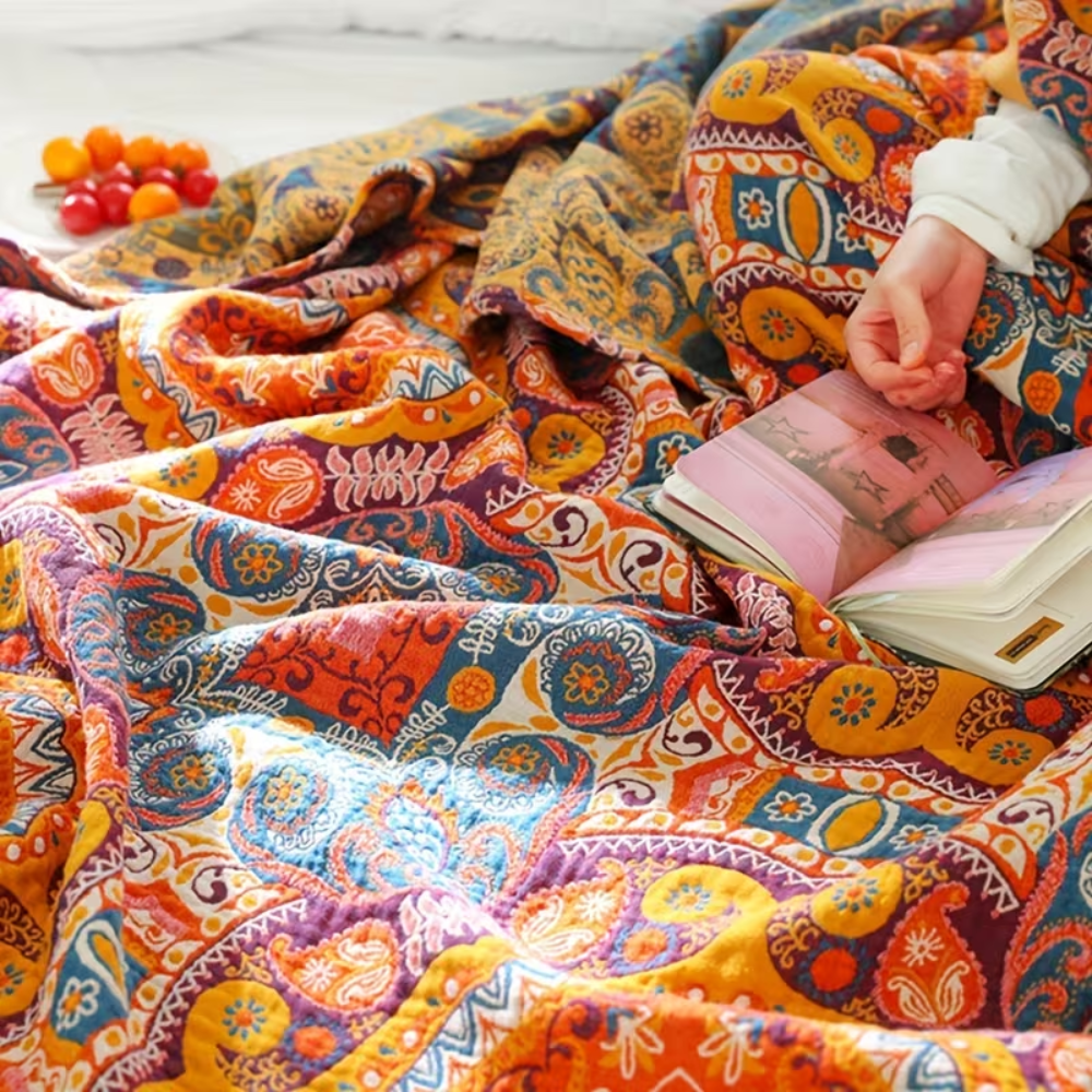 Boho Wendedecke Atmungsaktiv – Bunte Überwurfdecke mit Paisley Muster für Sofa, Bett & Wohnzimmer