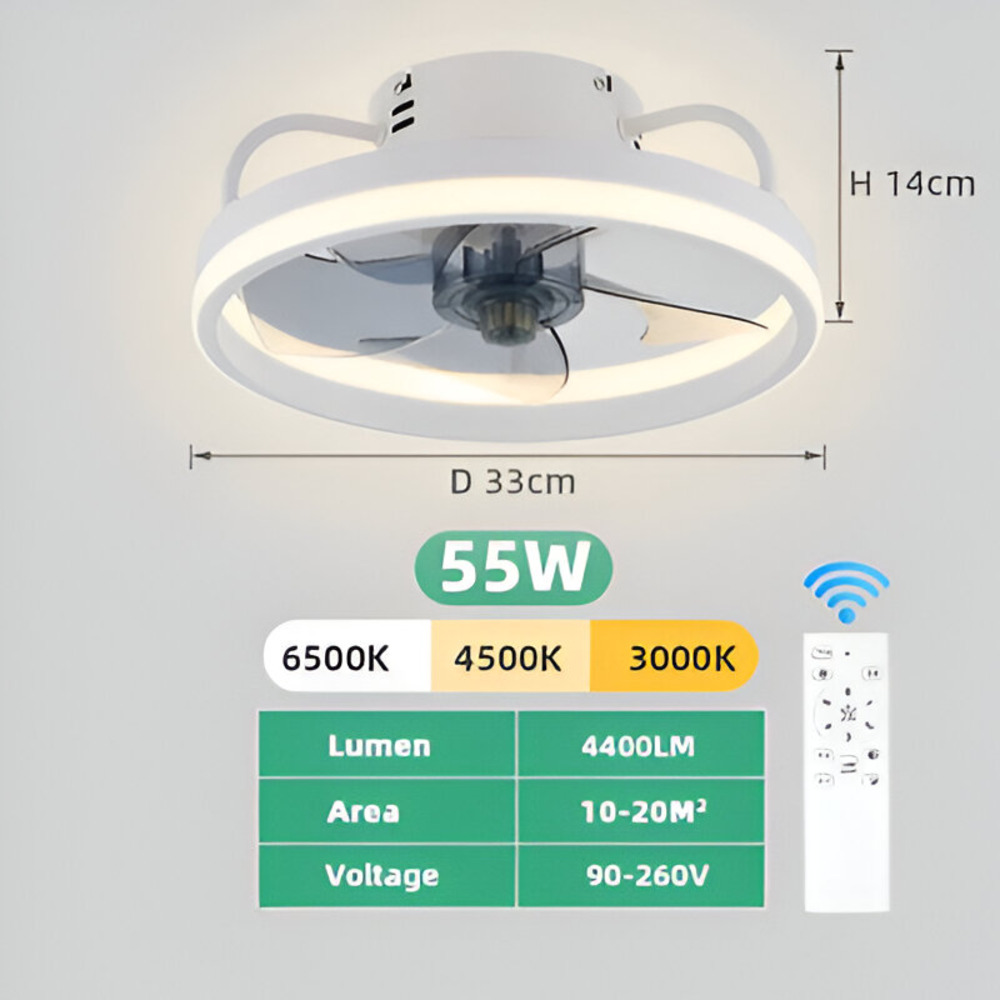 Intelligenter Deckenventilator mit dimmbarer LED-Lampe – Schwarz/Weiß – Ø 33 cm – mit Fernbedienung und App