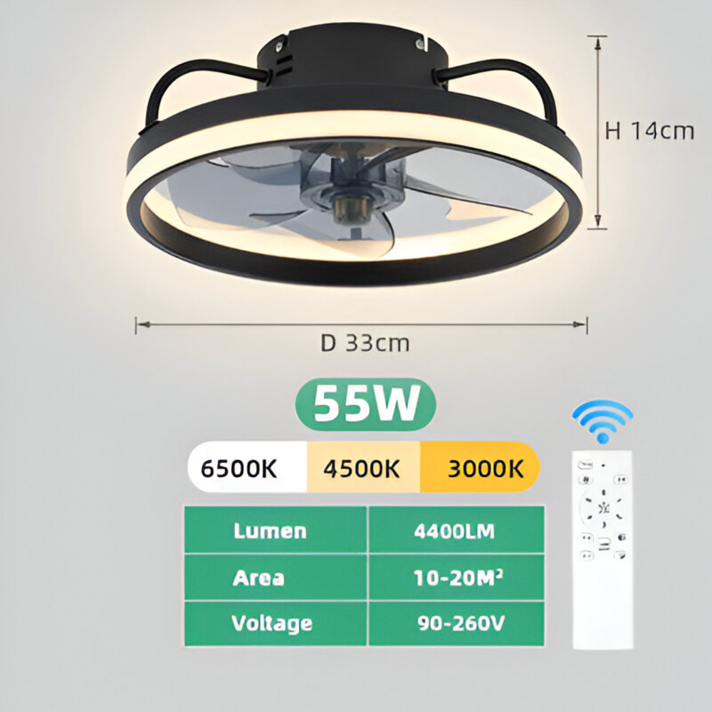 Intelligenter Deckenventilator mit dimmbarer LED-Lampe – Schwarz/Weiß – Ø 33 cm – mit Fernbedienung und App