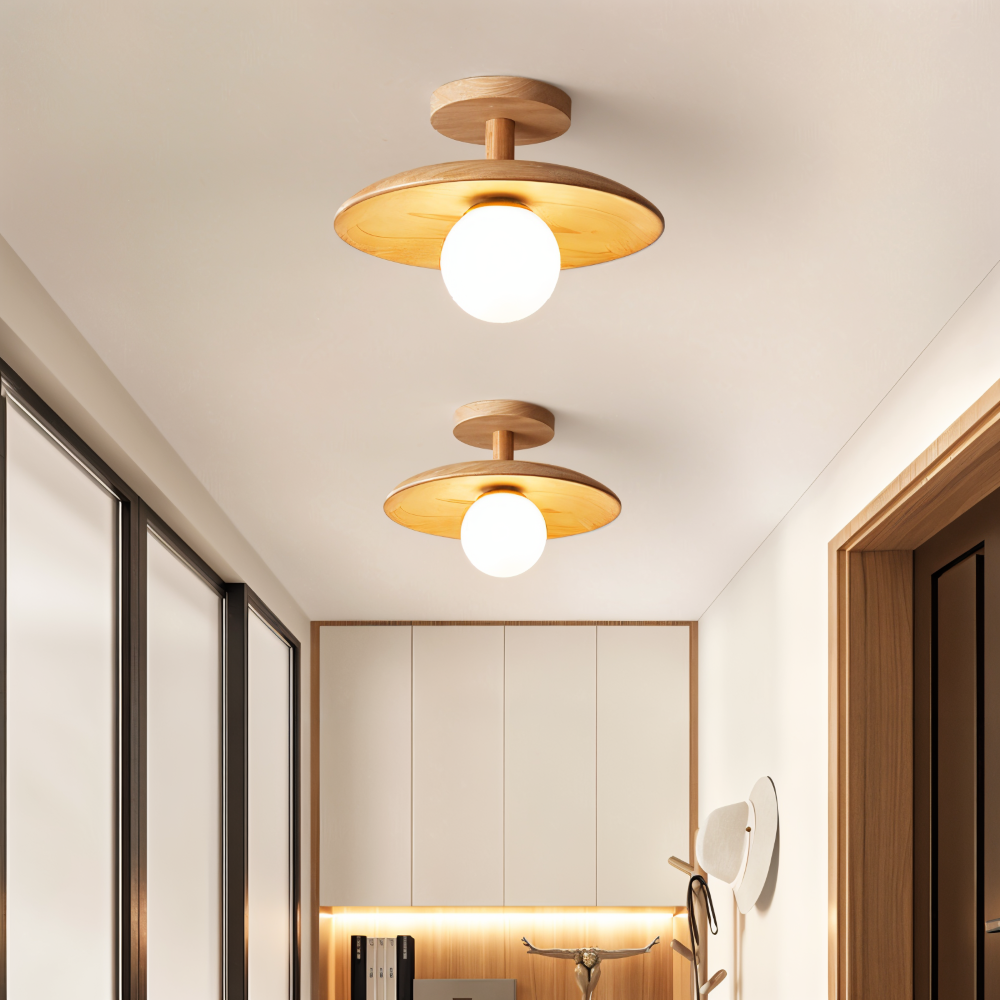 CentraOrb Holz Deckenleuchte - Halbbündige Lampe mit Integriertem LED Licht