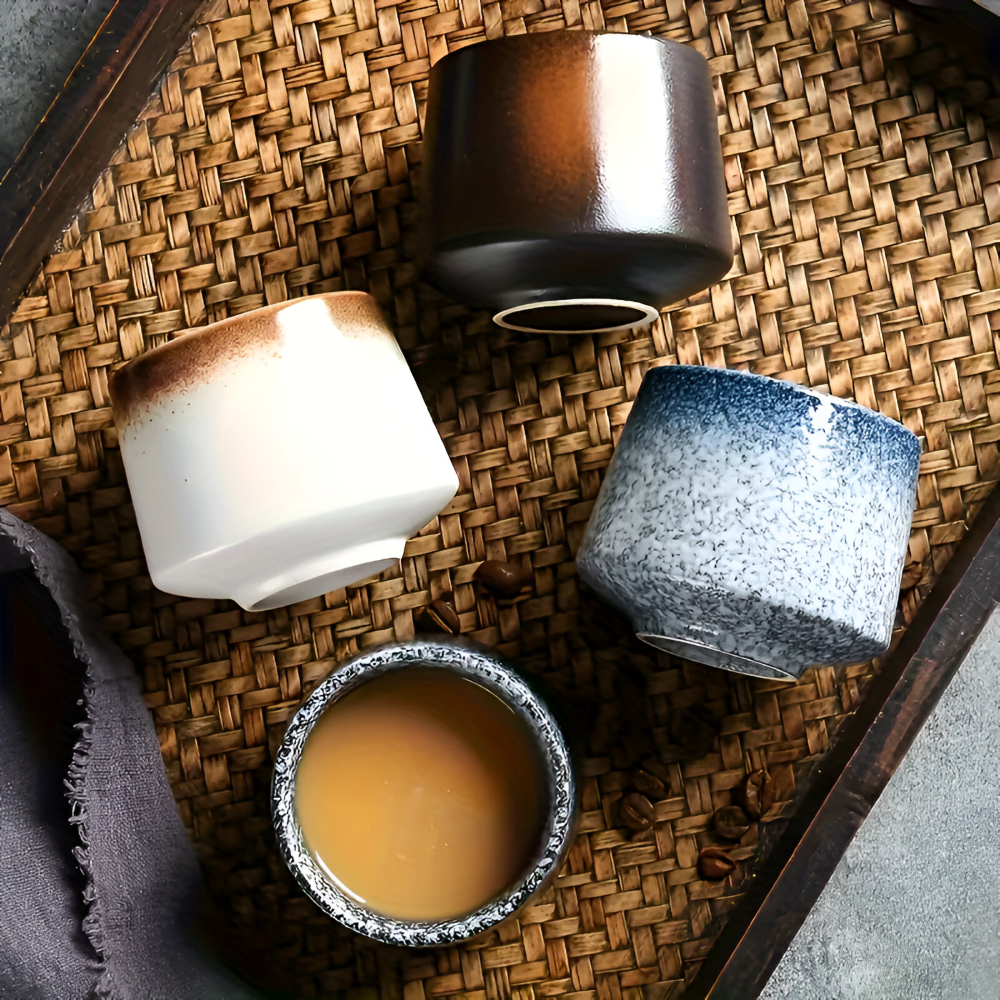 Keramik Kaffeetassen Set (4-teilig) – Nordisches Retro Design, Wabi-Sabi Becher für Espresso & Tee, Erdfarben
