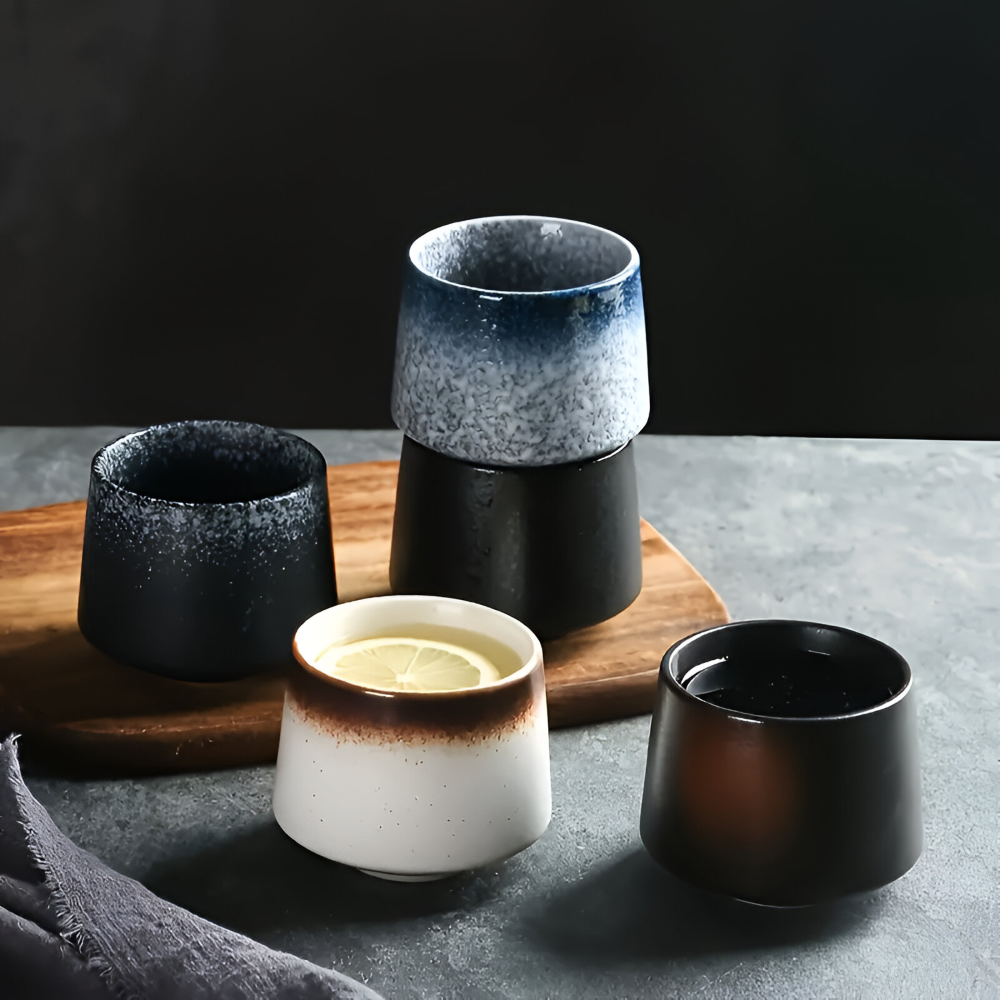Keramik Kaffeetassen Set (4-teilig) – Nordisches Retro Design, Wabi-Sabi Becher für Espresso & Tee, Erdfarben