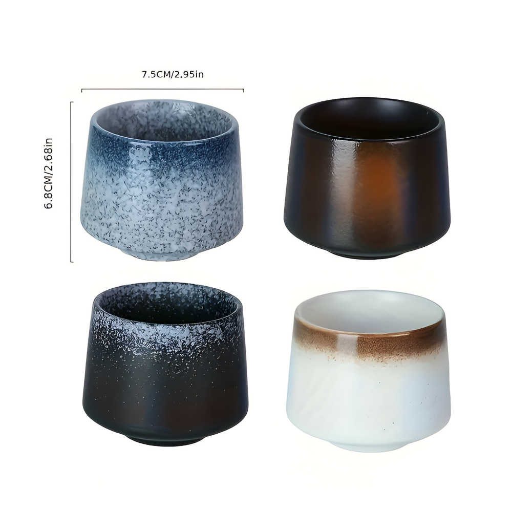 Keramik Kaffeetassen Set (4-teilig) – Nordisches Retro Design, Wabi-Sabi Becher für Espresso & Tee, Erdfarben
