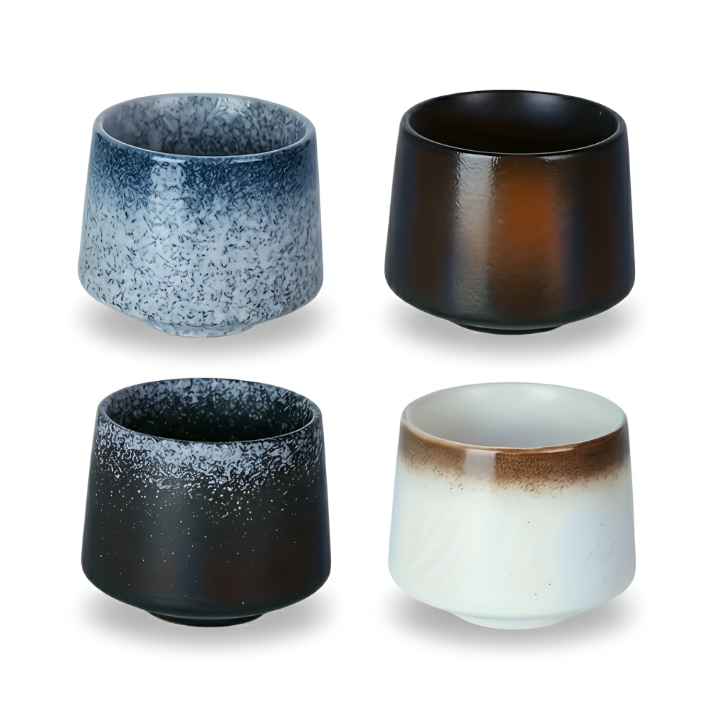 Keramik Kaffeetassen Set (4-teilig) – Nordisches Retro Design, Wabi-Sabi Becher für Espresso & Tee, Erdfarben