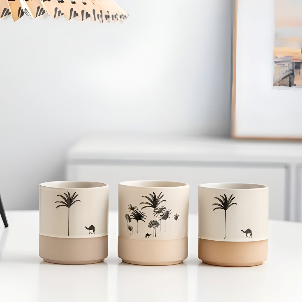Keramik Kaffeetassen Set mit Palmenmuster – 4tlg. Espresso Tassen – Kleine Kaffebecher für Espresso & Tee
