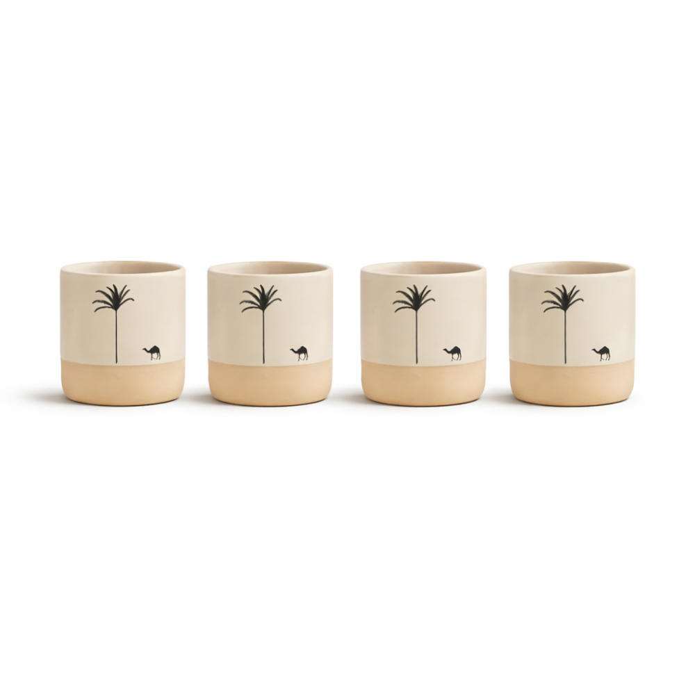 Keramik Kaffeetassen Set mit Palmenmuster – 4tlg. Espresso Tassen – Kleine Kaffebecher für Espresso & Tee