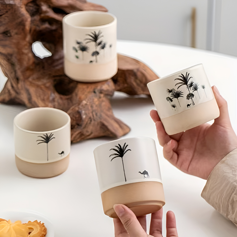 Keramik Kaffeetassen Set mit Palmenmuster – 4tlg. Espresso Tassen – Kleine Kaffebecher für Espresso & Tee