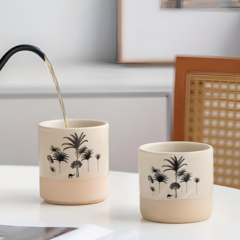Keramik Kaffeetassen Set mit Palmenmuster – 4tlg. Espresso Tassen – Kleine Kaffebecher für Espresso & Tee
