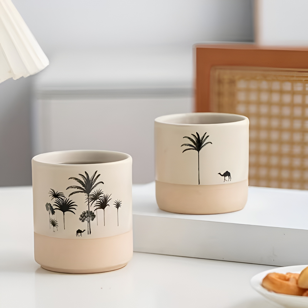 Keramik Kaffeetassen Set mit Palmenmuster – 4tlg. Espresso Tassen – Kleine Kaffebecher für Espresso & Tee