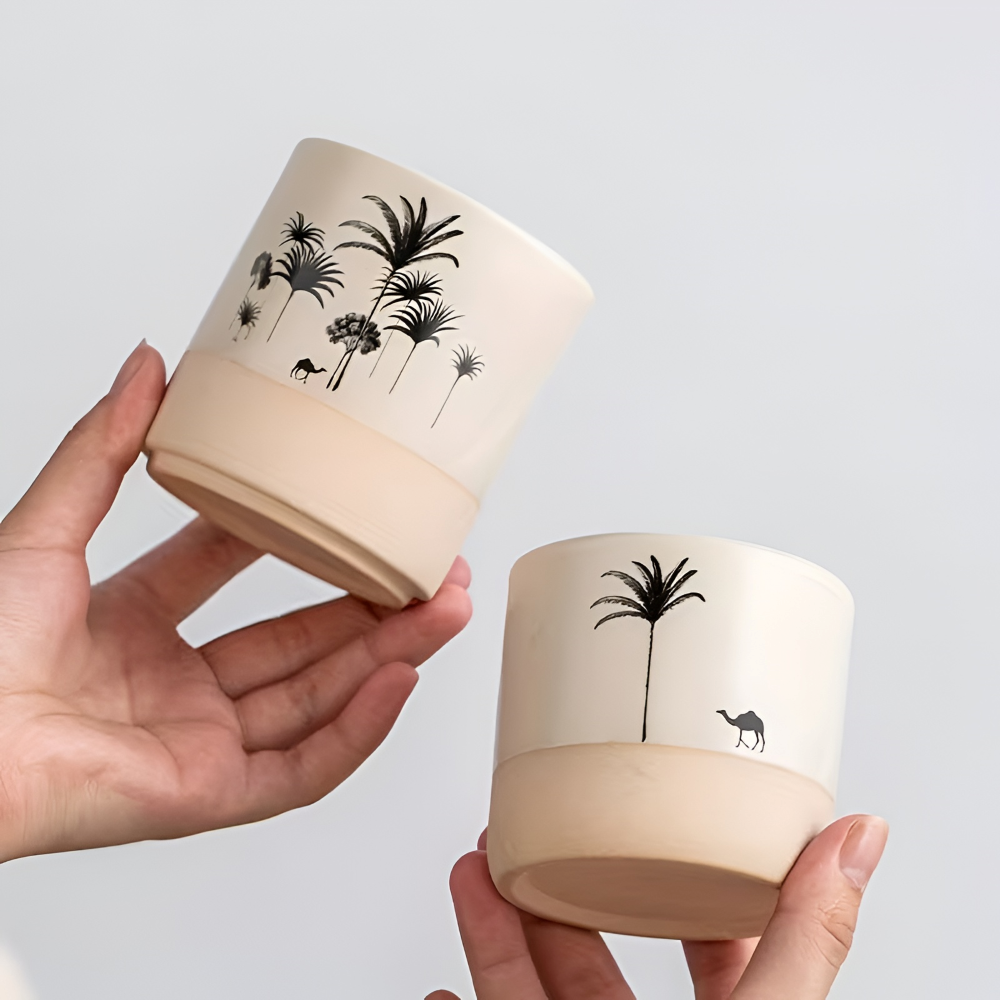Keramik Kaffeetassen Set mit Palmenmuster – 4tlg. Espresso Tassen – Kleine Kaffebecher für Espresso & Tee