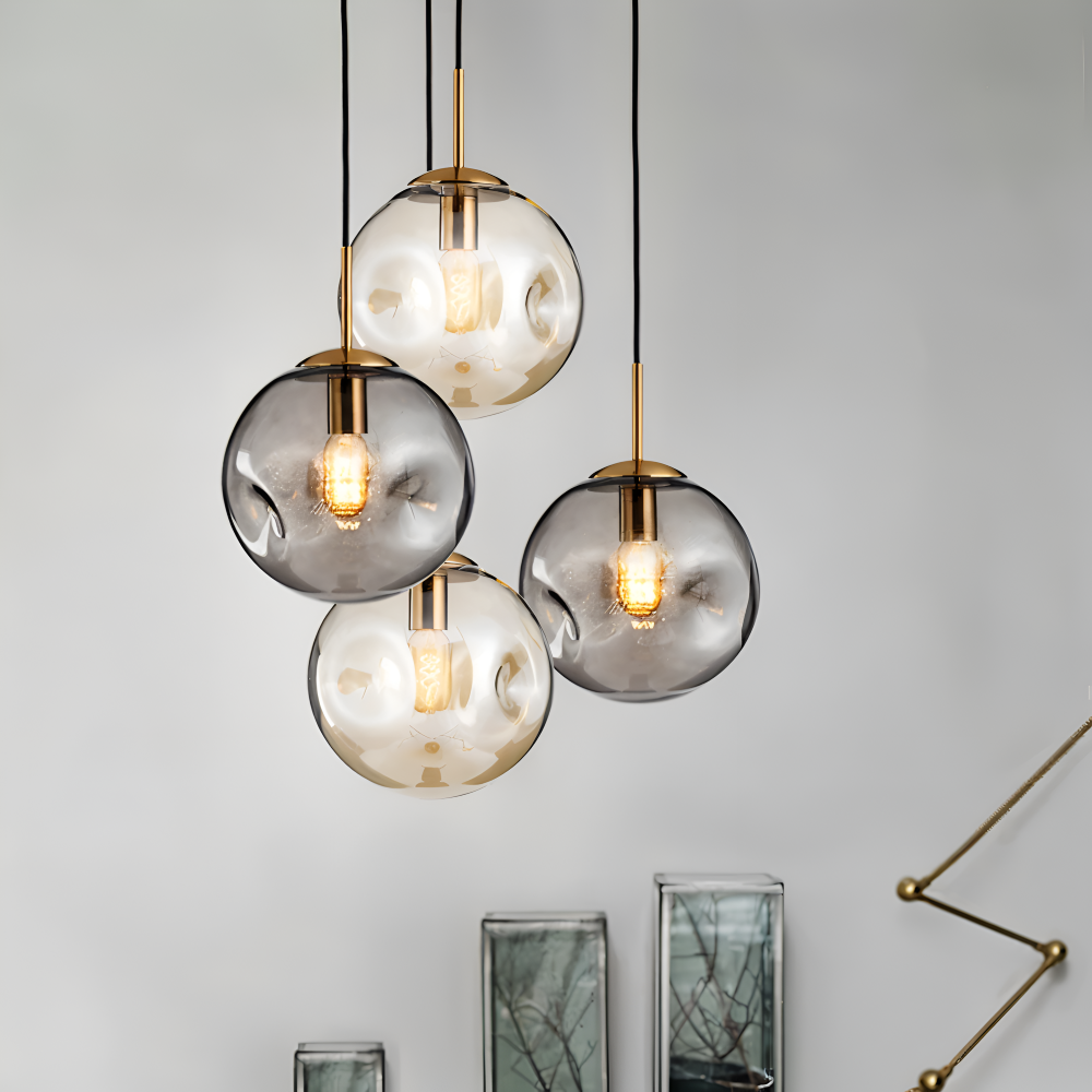 ChroDent Pendelleuchte - Runde Champagner Grau Glas LED Pendelleuchte - Vintage Wabi Sabi Beleuchtung