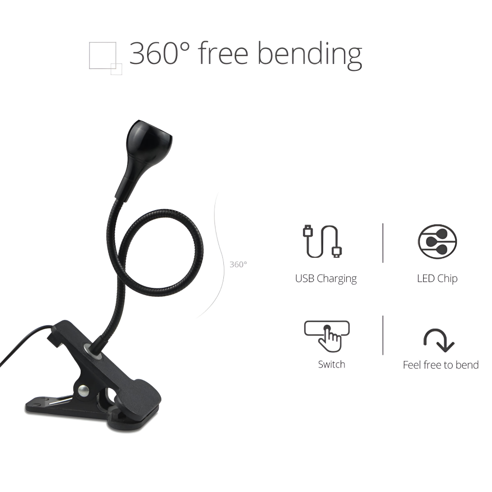 ClipNGlow Tischlampe - 360° Drehbare, USB Betriebene, Flexible Schreibtischlampe