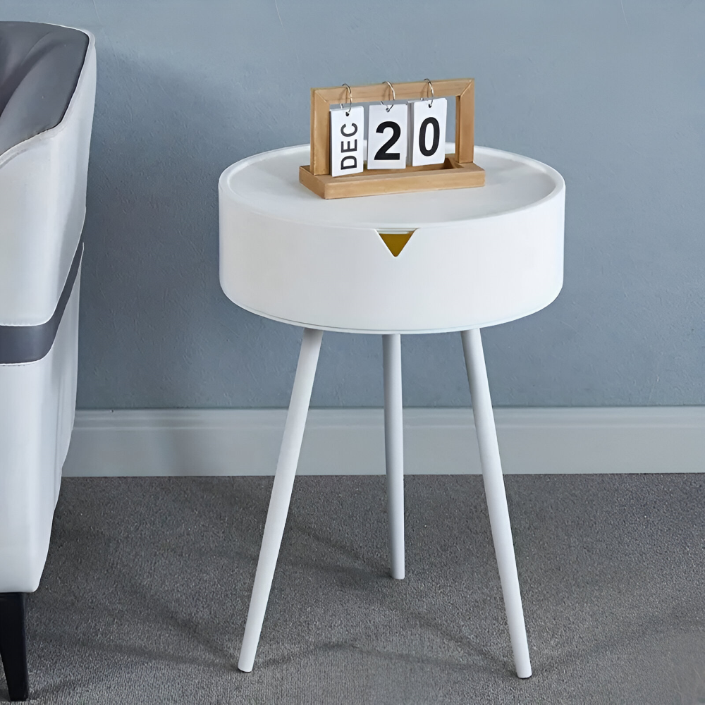 Zeitgenössischer Cremefarbener Runder Beistelltisch mit Stauraum - Stilvolles Sockeldesign, Tisch mit Metallic Rahmen
