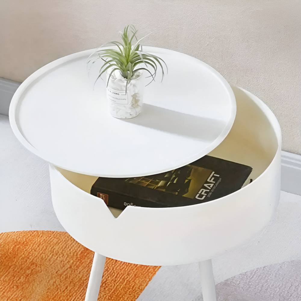 Zeitgenössischer Cremefarbener Runder Beistelltisch mit Stauraum - Stilvolles Sockeldesign, Tisch mit Metallic Rahmen