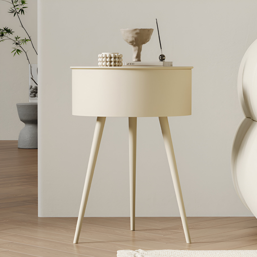 Zeitgenössischer Cremefarbener Runder Beistelltisch mit Stauraum - Stilvolles Sockeldesign, Tisch mit Metallic Rahmen