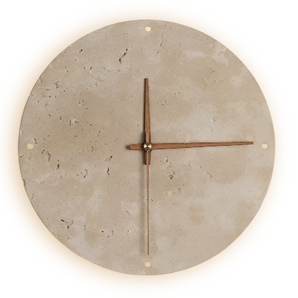 Zeitgenössische Runde LED-Wanduhr - Moderne Wanduhr mit gelbem Travertin- und Holzdesign für die Wohnraumdekoration