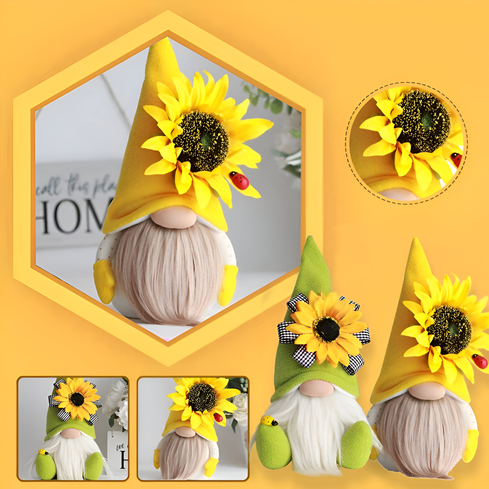 Niedliche Gnome - Figur mit gelber Sonnenblume - Weiches Plüsch-Schreibtischornament für die Wohnkultur und einzigartige Geschenkidee