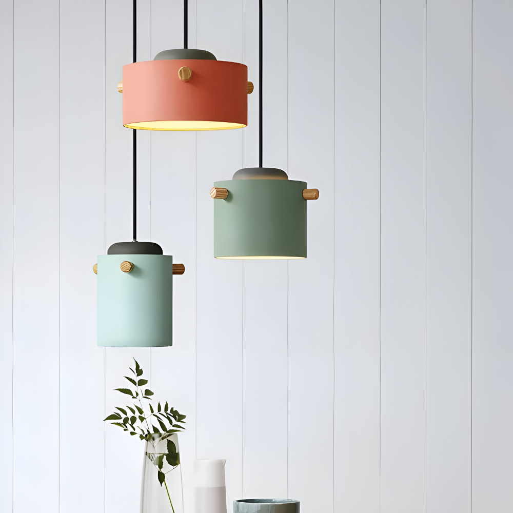 CylinBright Pendelleuchte - Skandinavisches Holz & Eisen Bunte LED Hängelampe