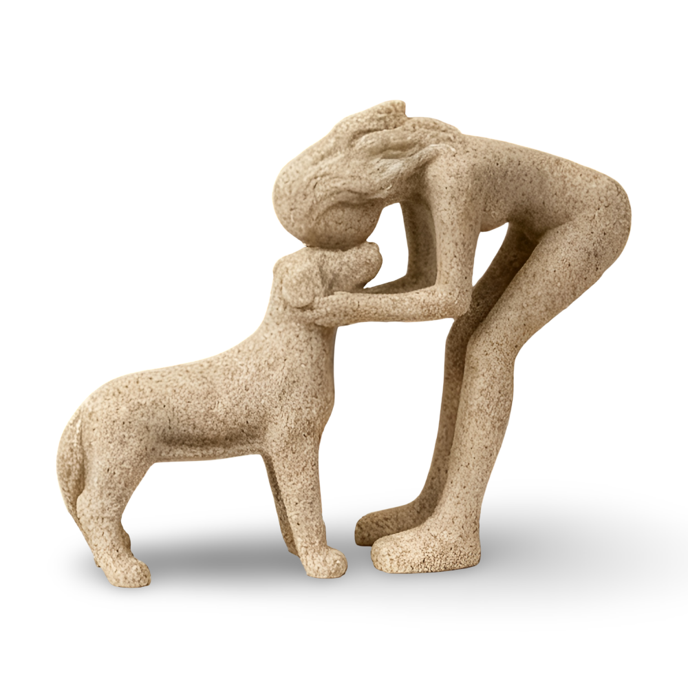Dekofigur Frau mit Hund aus Kunstharz – Moderne Skulptur Sandstein-Optik 17cm – Geschenk für Hundebesitzer & Tierliebhaber