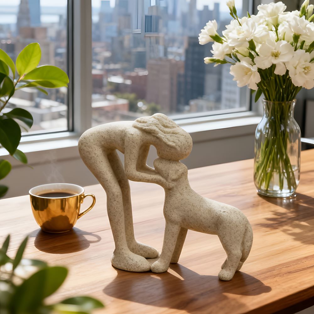 Dekofigur Frau mit Hund aus Kunstharz – Moderne Skulptur Sandstein-Optik 17cm – Geschenk für Hundebesitzer & Tierliebhaber